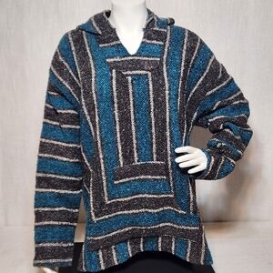 Vintage Sunspecs Baja Hoodie Hippie XXL Surfer Style Blue Black DrugRug Poncho